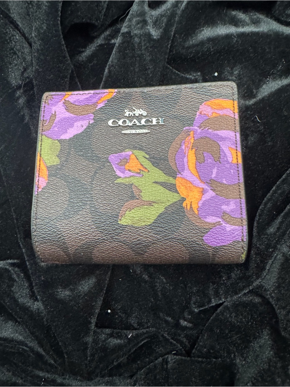 COACH Brown Snap Wallet with Purple Rose Print